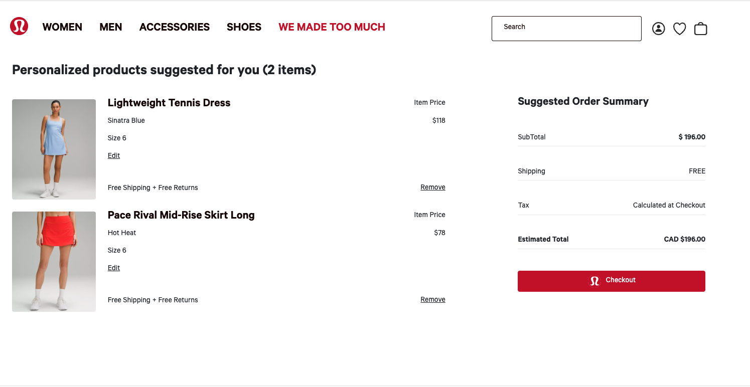 Lululemon Project recommendation Page